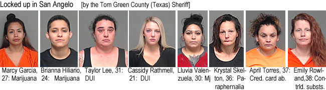marcygar.jpg Locked up in San Angelo (by the Tom Green County (Texas) Sheriff): Marcy Garcia, 27, marijuana; Brianna Hillario, 24, marijuana; Gaylor Lee, 31, DUI; Cassidy Rathmell, 21, DUI; Lluvia Valenzuela, 30, mj; Krystal Skelton, 36, paraphernalia; April Torres, 37, cred. card ab.; Emily Rowland, 38, contrld. substs.; Note Marcy's hair styles in her two prior appearances: same girl?; Mary Barbee, 37, assault w/a deadly weapon