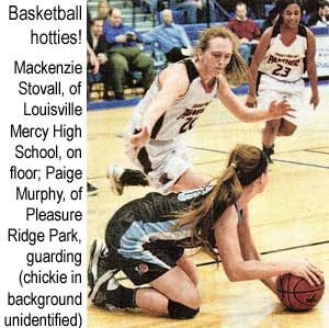 Basketball hotties! Mackenzie Stovall, of Louisville Mercy High School, on floor; Paige Murphy, of Pleasure Ridge Park, guarding; chickie in background unidentified (Courier-Journal)