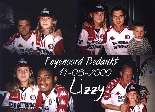 Lizzy met Feyenoord-spelers Van Vossen, Dudek, Korneev en Kalou