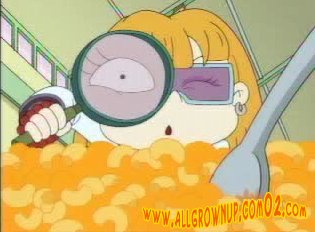 Chuckie's In Love: Angelica looking at a bunch of cheese doodles with a magnifying glass