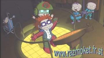 The Rugrats at the controls of the Reptar robot, with Tommy perched on Chuckie's head