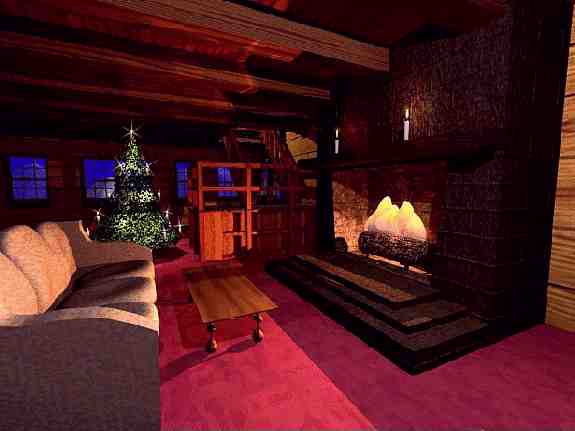 Living room scene with fireplace.