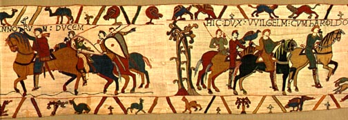 Bayeux Tapestry, panel 10: Guy points out Harold to Duke William