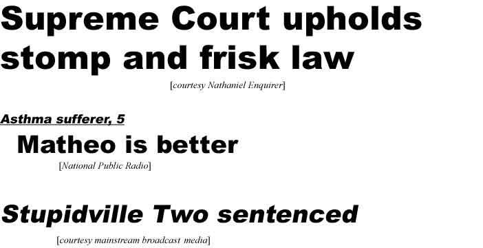 Supreme Court upholds stomp and frisk law (Nath Enq); Asthma sufferer, 5, Matheo is better (NPR); Stupidville Two sentenced (mainstream broadcast media)