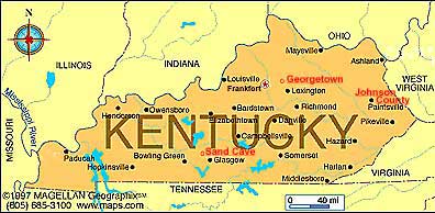 Kentucky map highlighting Sand Cave, Georgetown, and Johnson County