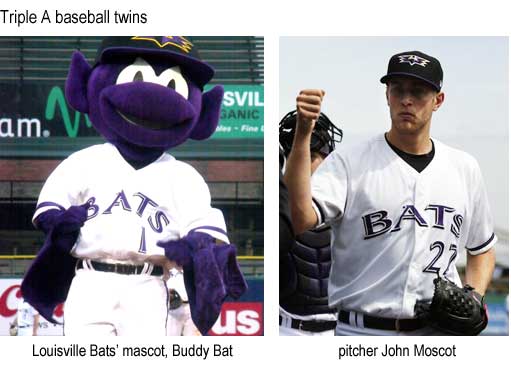 Triple A baseball twins: Louisville Bats' mascot, Buddy Bat; pitcher John Moscot