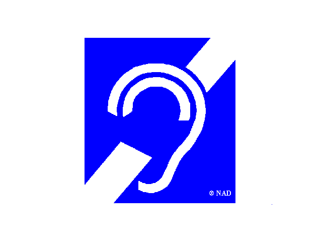 Outline of ear with diagonal
white bar on blue background (symbol for accessibility to people with
hearing loss)