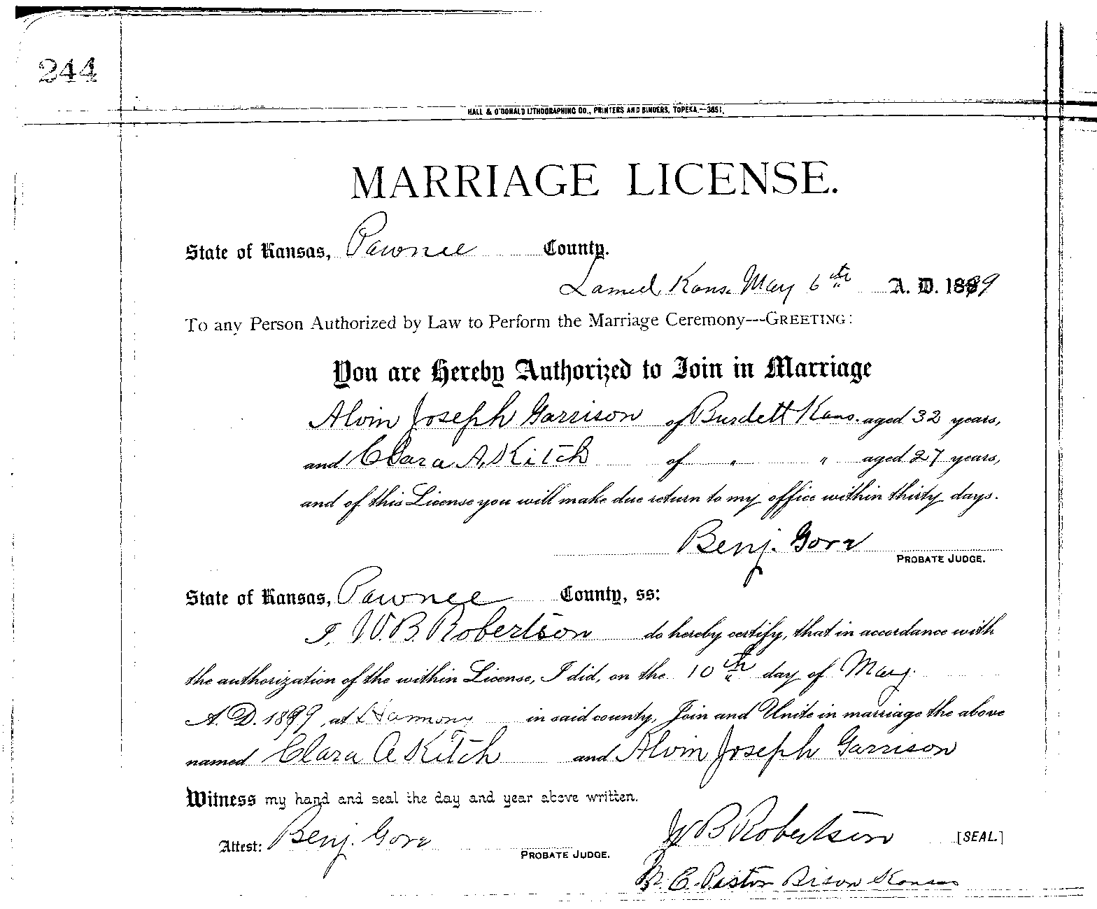 Garrison Kitch marriage certificate