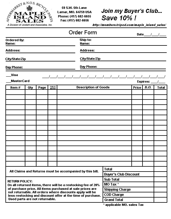 Maple Island Sales, Printable Order Form