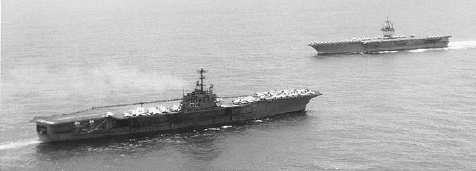 USS Enterprise (CVAN-65) and USS Independence (CVA-62) meet in the Indian Ocean, November 1965.