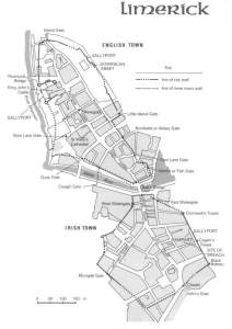Layout of Limerick City circa the time of the Sieges of Limerick, 1690 - 1691