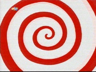 A red swirl over a white background as Big Bob comes out of a hallucination