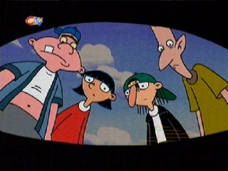 We see Harold, Rhonda, Sid and Stinky through Helga's half-opened eyes