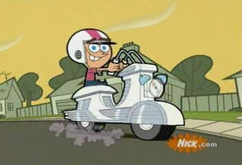 Timmy Turner (Tara Strong) riding a scooter... back in time (really)