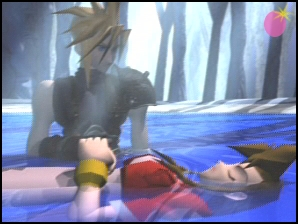 Cloud holding Aeris above the water.