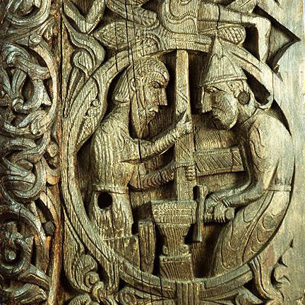 Sigurd  forges the sword; a 12th cent. wood relief
