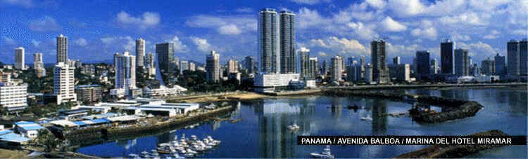 Panama City Skyline (about 2003) -- Areas of Balboa Boulevard, Yacht club,  Bay of Panama, new Miramar Hotel and Condominium complex (two high towers and two adjacent towers in center of photo), banking area in Marbella, and Paitilla residential and business area [Photo courtesy of Inteoceanic Region Authority (ARI) from its website, www.ari.gob.pa]