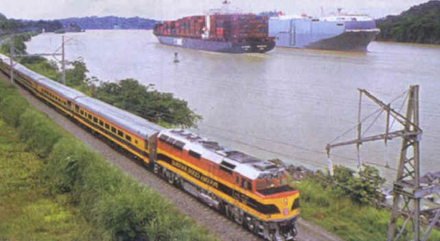 Panama Railroad, in addition to its primary business of moving containers across the isthmus, provides limited passenger service.  [Photo courtesy of Panama Canal Authority from its newsletter, El Foro, 2-24 July 2004]