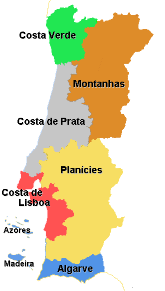 Map of Portugal Divided by Tourism Regions