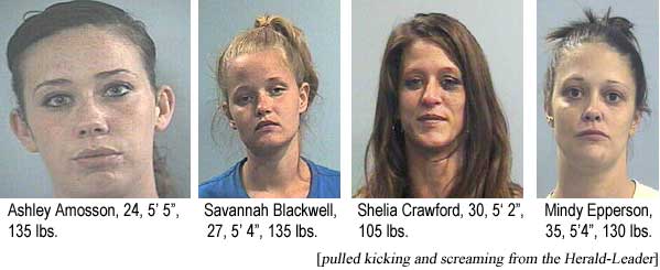 ashmindy.jpg Ashley Amosson, 24, 5'5", 135 lbs; Savannah Blackwell, 27, 5'4", 135 lbs; Shelia Crawford, 30, 5'2", 105 lbs; Mindy Epperson, 35, 5'4", 130 lbs (pulled kicking and screaming from the Herald-Leader)