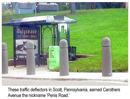 These traffic deflectors in Scott, Pennsylvania, earned Carothers Avenue the nickname 'Penis Road'