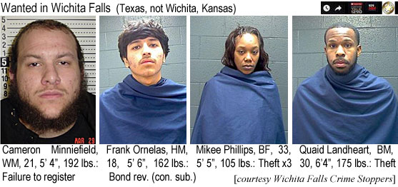 cameronmi.jpg Wanted in Wichita Falls (Texas, not Wichita, Kansas): Cameron Minniefield, WM, 21, 5'4", 192 lbs, failure to register; Frank Ornelas, HM, 18, 5'6", 162 lbs, bond rev. (con. sub.); Mikee Phillips, BF, 33, 5'5", 105 lbs, theft x3; Quaid Landheart, BM, 30, 6'4", 175 lbs, theft (Wichita Falls Crime Stoppers)