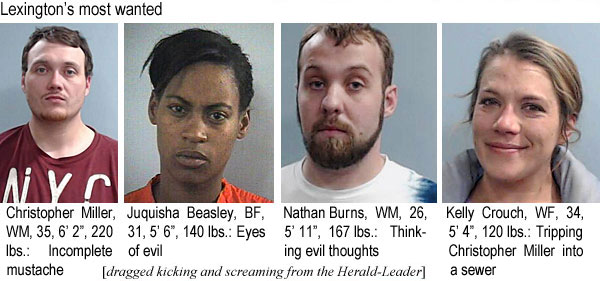 chrismil.jpg Lexington's most wanted: Christopher Miller, WM, 35, 6'2", 220 lbs, incompleete mustache; Juquisha Beasley, BF, 31, 5'6", 140 lbs, evil eyes; Nathan Burns, WM, 26, 5'11", 167 lbs, thinking evil thoughts; Kelly Crouch, WF, 34, 5'4", 120 lbs, triplping Christopher Miller into a sewer (dragged kicking and screaming from the Herald-Leader)