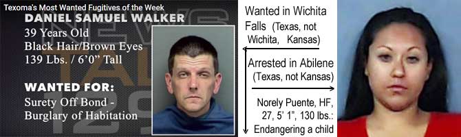 danorely.jpg Texoma's most wanted fugitives of the week, Wanted in Wichita Falls (Texas, not Wichita, Kansas): Daniel Samuel Walker, 39, black hair, brown eyes, 139 lbs, 6'0", surety off bond, burglary of habitation; Arrested in Abilene (Texas, not Kansas): Norely Puente, HF, 27, 5' 1", 130 lbs, endangering a child