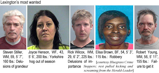 elisabrn.jpg Lexington's most wanted:: Steven Stiller, WM, 59, 5'7", 160 lbs, delusions of grandeur; Joyce Henson, WF, 43, 5'6", 200 lbs, Yorkshire hog out of season; Rick Wilcox, WM, 29, 6'2", 225 lbs, delusions of importance; Elisa Brown, BF, 54, 5'3", 115 lbs, robbery; Robert Young, WM, 5'11", 155 lbs, failure to get it (Elisa Bluegrass Crime Stoppers, rest pulled kicking and screaming from the Herald-Leader)