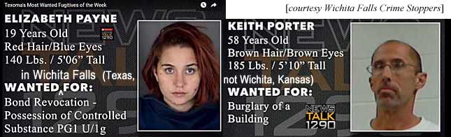 elizport.jpg Texoma's most wanted fugitives of the week: Wanted in Wichita Falls (Texas, not Wichita, Kansas): Elizabeth Payne, 19, red hair, blue eyes, 140 lbs, 5'6", bond revocation, possession of controlled substance PG1 U/1g; Keith Porter, 58, brown hair & eyes, 185 lbs, 5'10", burglary of a building (News Talk 1290, Wichita Falls Crime Stoppers)