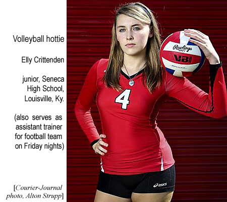 Volleyball hottie, Elly Crittenden, junior, Seneca High School, Louisville, Ky., also serves as assistant trainer for football team on Friday nights (Courier-Journal photo by Alto Strupp)