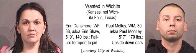 erinpaul.jpg Wanted in Wichita (Kansas, not Wichita Falls, Texas): Erin Densmore, WF, 38, a/k/a Erin Shaw, 5'9", 1140 lbs, failure to report to jail; Paul Motley, WM, 30, a/k/a Paul Montley, 5'7", 170 lbs, upside down ears (City of Wichita)