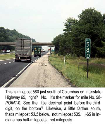 This is milepost 580 just south of Columbus on Interstate Highway 65, right? No. It's the marker for mile No. 58-POINT-0. See the little decimal point before the third digit, on the bottom? Likewise, a little farther south, that's milepost 53.5 below, not milepost 535. I-65 in Indiana has half-mileposts, not mileposts