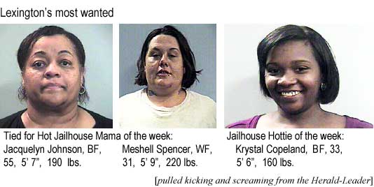 Lexington's most wanted: Tied for Hot Jailhouse Mama of the week: Jacquelyn Johnson, BF, 55, 5'7", 190 lbs, Meshell Spender, WF, 31, 5'9", 220 lbs; Jailhouse Hottie of the week: Krystal Copeland, BF, 33, 5'6", 160 lbs (pulled kicking and screaming from the Herald-Leader)