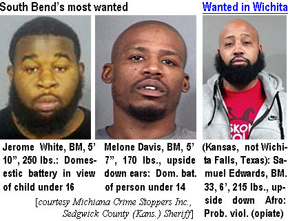jerwhite.jpg South Bend's most wanted: Jerome White, BM, 5'10", 250 lbs, domestic battery in view of child under 16; Melone Davis, BM, 5'7", 170 lbs, upside down ears, dom. bat. of person under 14; Wanted in Wichita (Kansas, not Wichita Falls, Texas): Samuel Edwards, BM, 33, 6', 215 lbs, upside down Afro, prob. viol. (opiate) (Michiana Crime Stoppers Inc., Sedgwick County (Kans.) Sheriff)