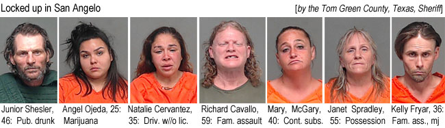 jrsheslr.jpg Locked up in San Angelo (by the Tom Green County, Texas, Sheriff): Junior Shesler, 48, public drunk; Angel Ojeda, 25, marijuana; Natalie Cervantez, 35, driv. w/o lic.,; Richard Cavallo, 59, fam. assault; Mary McGary,40, cont. subs.; Janet Spradley, 55, possession; Kelly Fryar, 36, fam. ass.,mj