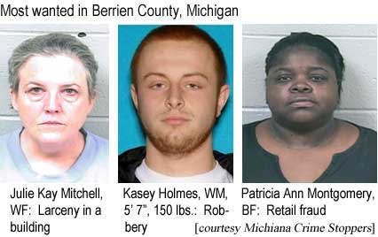 Most wanted in Berrien County, Michigan: Julie Kay Mitchell, WF, larceny in a building; Kasey Holmes, WM, 5'7", 150 lbs, robbery; Patricia Ann Montgomery, BF, retail fraud (Michiana Crime Stoppers)