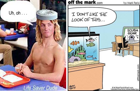 lifescubjpg Live Saver Dude "Uh, oh" Cat studying scuba diving, fish in tank saying "I don't like the look of this . . . "