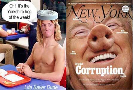 lifethog.jpg Life Saver Dude: "Oh! It's the Yorkshire Hog of the week!" Cover of New York magazine photo of Donald Trump, "It's the corruption, stupid!"