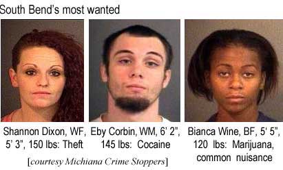 South Bend's most wanted: Shannon Dixon, WF, 5'3", 150 lbs, theft; Eby Corbin, WM, 6'2", 145 lbs, cocaine; Bianca Wine, BF, 5'5", 120 lbs, marijuana, common nuisance (Michiana Crime Stoppers)
