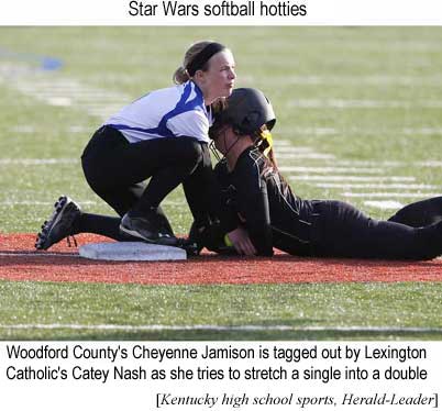 Star Wars softball hotties: Woodford County's Cheyenne Jamison is tagged out by Lexington Catholic's Catie Nash as she tries to stretch a single into a double (Kentucky high school sports, Herald-Leader)