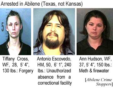 Arrested in Abilene (Texas, not Kansas): Tiffany Cross, WF, 28, 5'4", 130 lbs, forgery; Antonio Escovedo, HM, 50, 6'1", 240 lbs, unauthorized absence from a correctional facility; Ann Hudson, WF, 37, 5'4", 150 lbs, meth & firewater (Abilene Crime Stoppers)