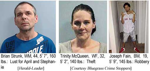 trinitjo.jpg Bryan Strunk, WM, 44, 5'7", 160 lbs, lust for April and Stephanie (Herald-Leader); Trinity McQueen, 32, 5'2', 140 lbs, theft; Joseph Fain, BM, 19, 5'9", 145 lbs, robbery (Bluegrass Crime Stoppers)