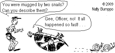 You say you were mugged by two snails? Can you describe them? Gee, Officer, no! It all happened so fast! ( 2009 Natty Bumppo)