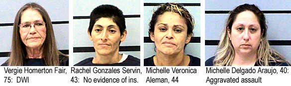 Vergie Homerton Fair, 75, DWI; Rachel Gonzales Servin, 43, no evidence of insurance; Michelle Veronica Aleman, 44; Michelle Delgado Araujo, 40, aggravated assault