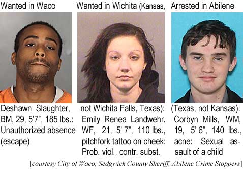 wacowica.jpg Wanted in Waco: Deshawn Slaughter, BM, 29, 5'7", 185 lbs, unauthorized absence (escape); Wanted in Wichita (Kansas, not Wichita Falls, Texas): emily Renea Landwehr, WF, 21, 5'7", 110 lbs, pitchfork tattoo on cheek, prob. viol. contr. subst.; Arrested in Abilene (Texas, not Kansas): Corbyn Mills, WM, 19, 5'6", 140 lbs, acne, sexual assault of a child (City of Waco, Sedgwick County Sheriff, Abilene Crime Stoppers)
