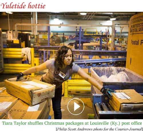 Yuletide hottie: Tiara Taylor shuffles Christmas packages at Louisville (Ky.) post office (Philip Scott Andrews photo for Courier-Journal)