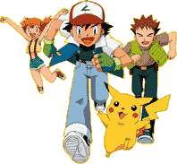 Ash, Broc, Misty, and Pikachu