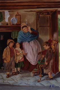 Mother & children in old kitchen