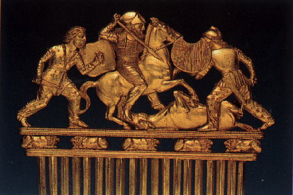 Gilded adversaries clash on the crest of a 2,400 year old comb from a Scythian tomb